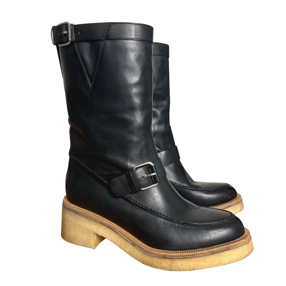 Tamara Mellon Black Leather Moto‎ Biker Boots Easy Rider Mid Buckle Platform